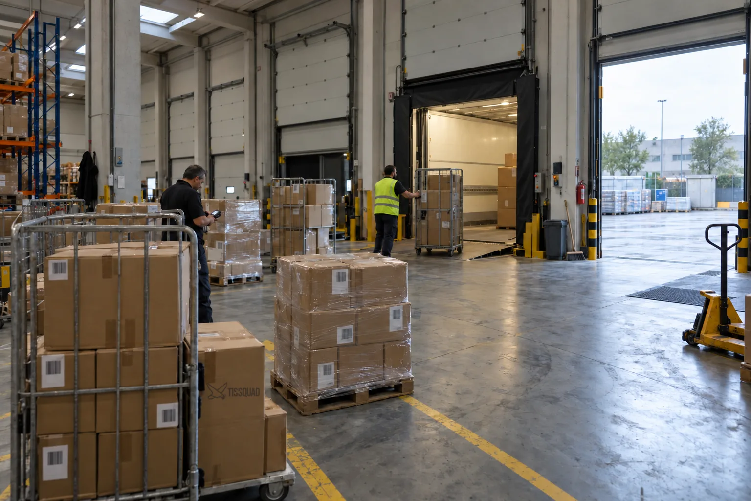 Baie di carico con un semirimorchio attraccato, roll e pallet di colli etichettati pronti e due addetti al lavoro