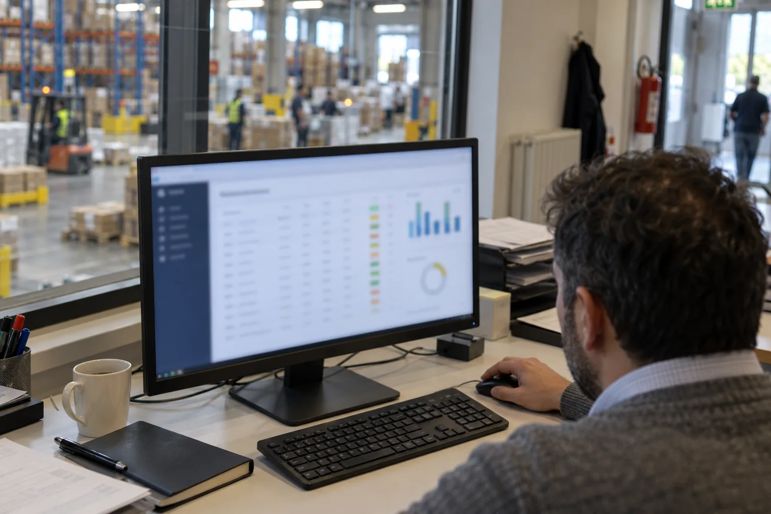 Un monitor con un pannello di tabelle e grafici sfocati su una scrivania, con il magazzino sullo sfondo